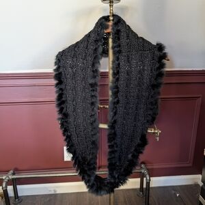 Cejon Vintage Genuine Rabbit Fur Black Knit Infinity Scarf with Fur Trim